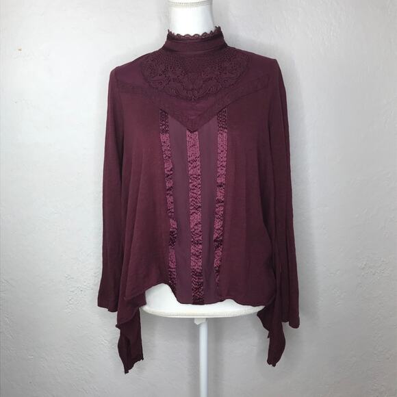 Free People Women's Mock Neck Embroidered Crochet Lace Swing Long Sleeve Tee - Picture 1 of 6